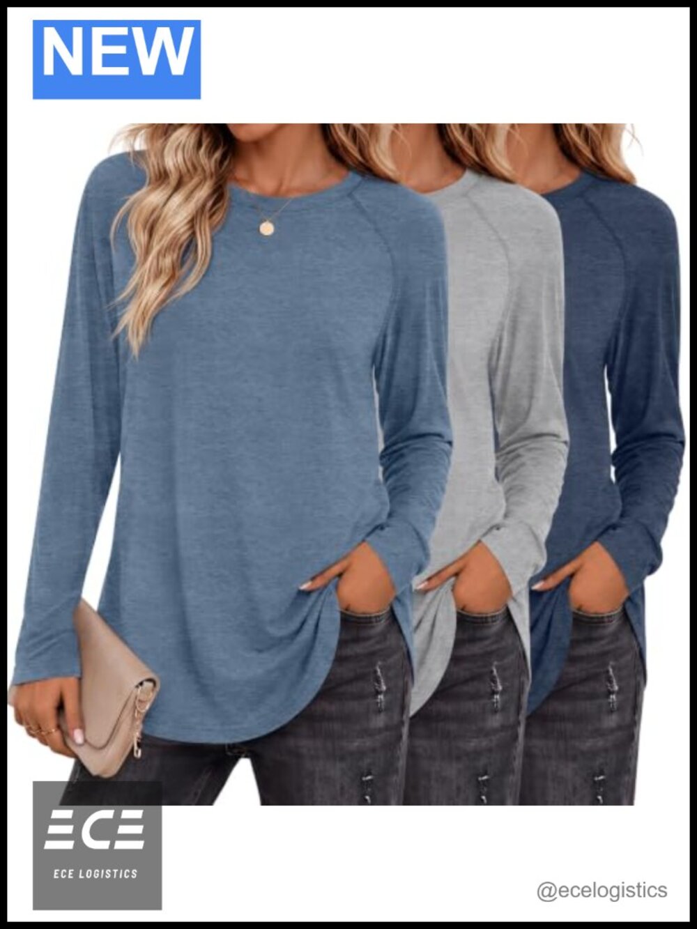 Womens Raglan Long Sleeve Tunic Tops Crew Neck Loose Fit Shirts 3 Pack